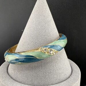 Enamel Bangle Bracelet Gold Tone Rhinestone Signed JTF 7.5"